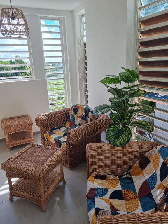 a living room with wicker chairs and a plant at Logement de roots evasions in Petit-Bourg