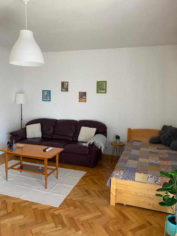 a living room with a couch and a coffee table at Entire Apartment in the City in Dunaújváros