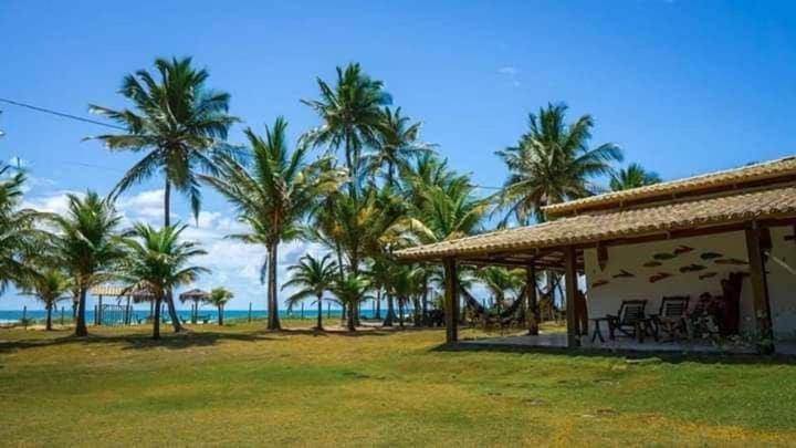 a building with palm trees and the ocean in the background at Casa Pé na Areia Taipu de Fora 400m Piscinas Naturais in Barra Grande