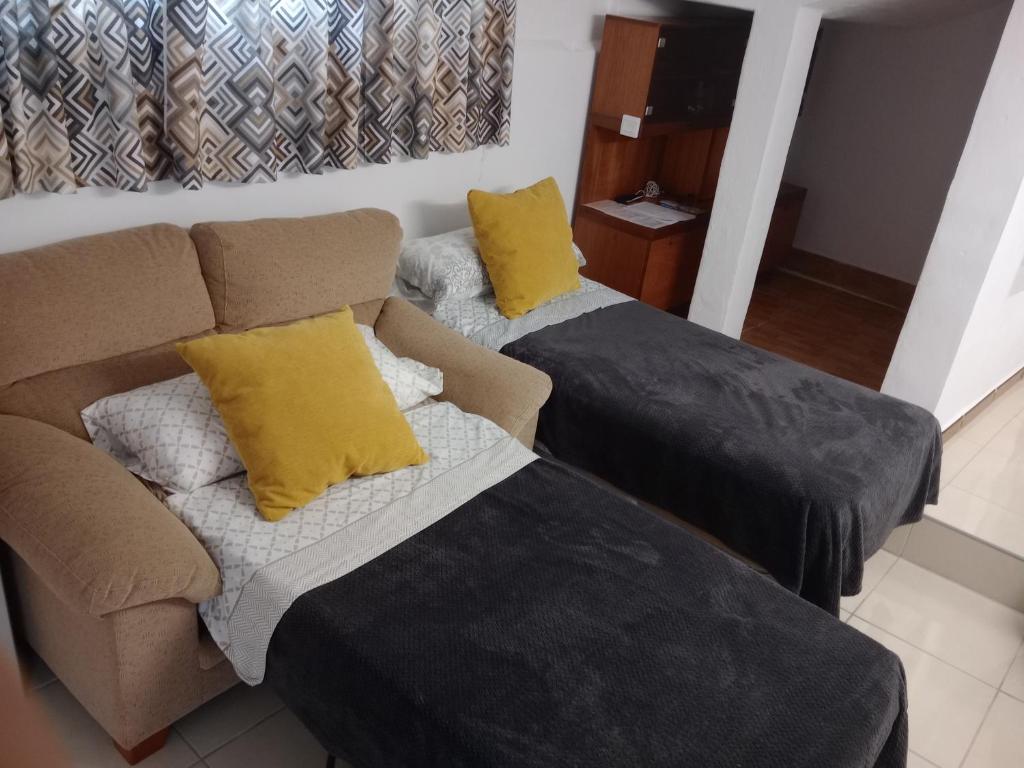 uma sala de estar com duas camas e um sofá em Loft Estudio Habitación independiente em Icod de los Vinos