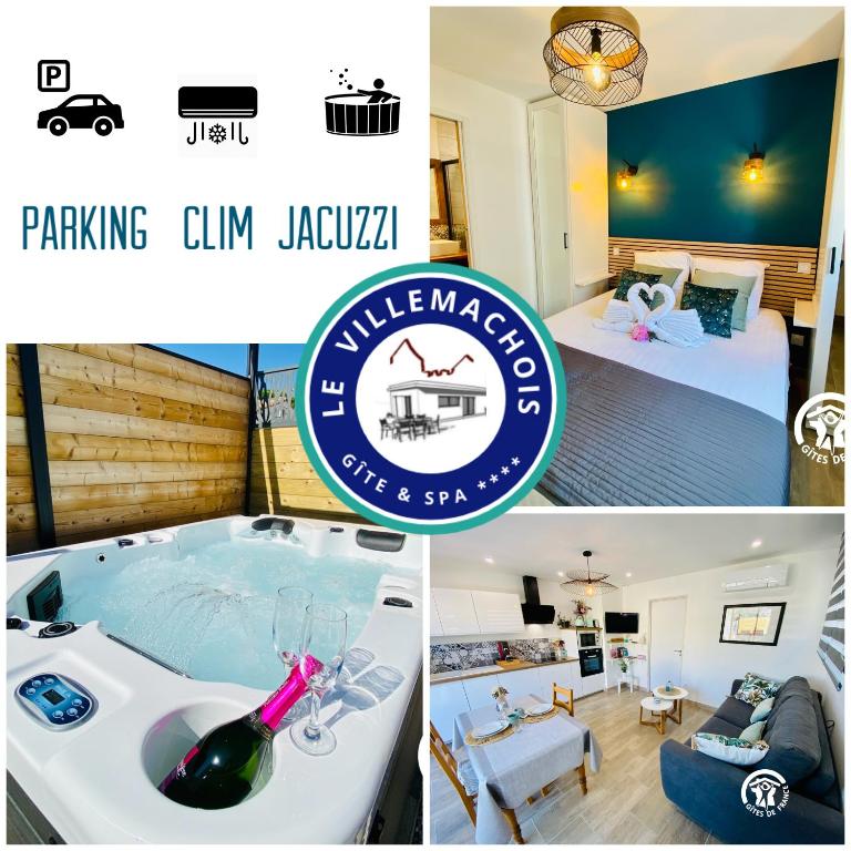 un collage de photos d'une chambre d'hôtel avec un bain à remous dans l'établissement Gîte & Spa Le Villemachois - 4 étoiles - Jacuzzi couvert - Calme et Indépendant - Clim - Parking - 5 min Carcassonne, à Villemoustaussou