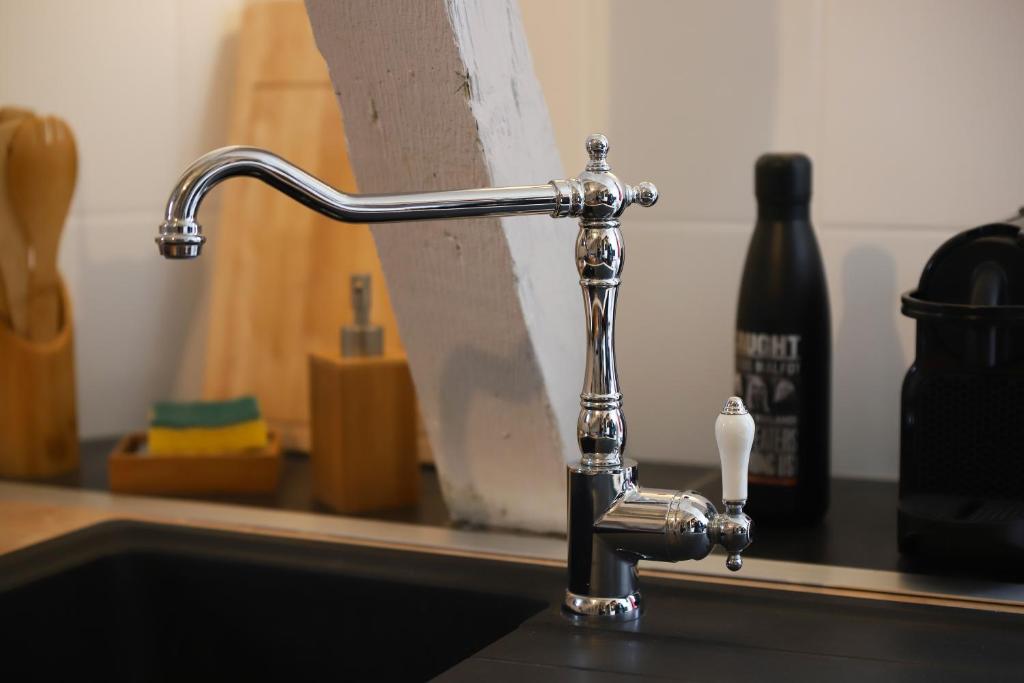 a chrome kitchen sink faucet with a toothbrush at La tanière du sorcier in Saumur