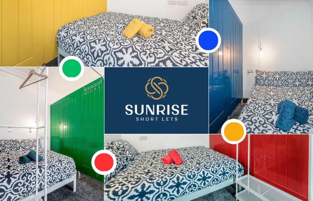 un collage de fotos de un dormitorio con cama y silla en 2 BED LAW - 2 rooms, 4 Double Beds, Fully Equipped, Free Parking, WiFi, 3xSmart TVs, Groups, Families, Food, Shops, Bars, Short - Long Stays, Weekly or Monthly Rates Available by SUNRISE SHORT LETS, en Dundee