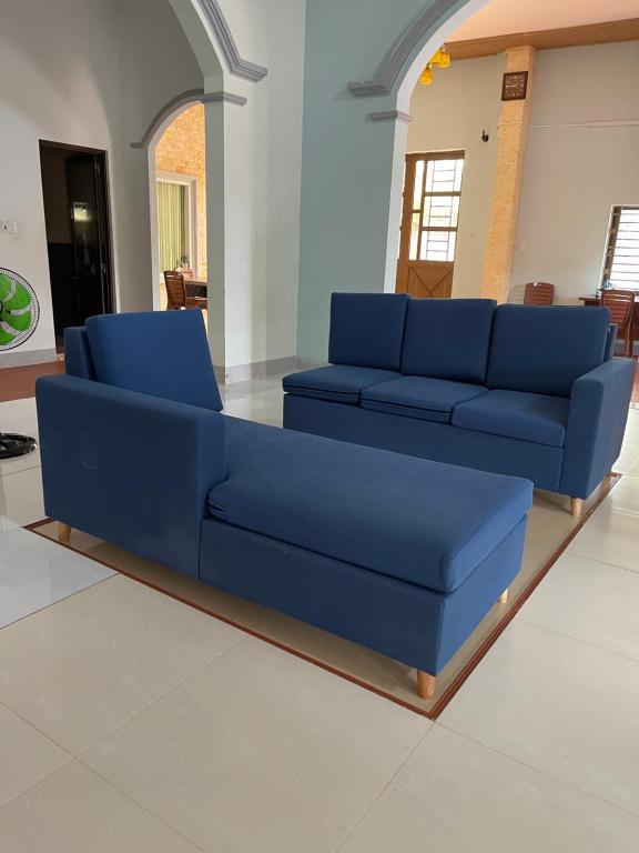 a blue couch sitting in a living room at family garden 