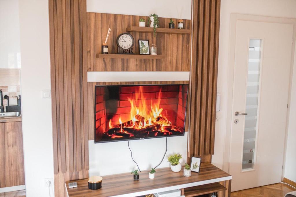 einen Kamin im Wohnzimmer mit Kamin in der Unterkunft Sunny Paradise in Vrnjačka Banja