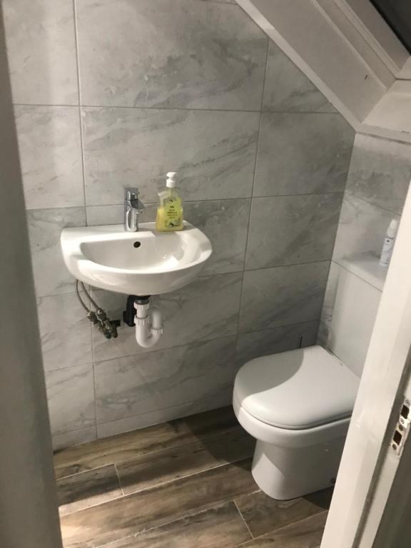 a bathroom with a sink and a toilet at Southgate 5 bedroom property in East Barnet