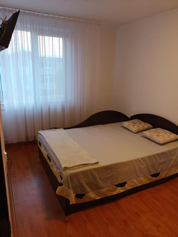 een slaapkamer met een bed in een kamer met een raam bij Teodora in Piteşti