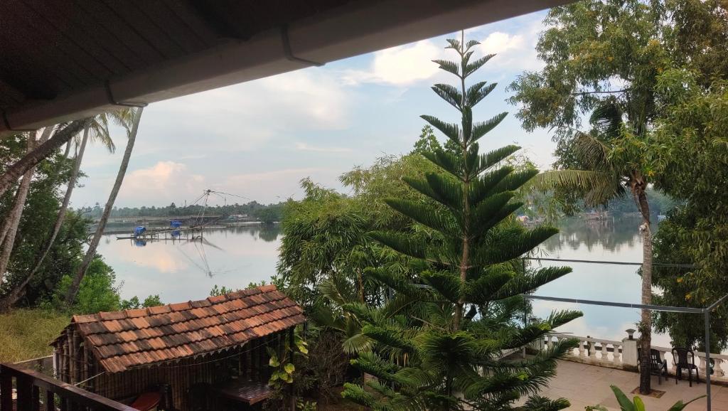 a palm tree next to a river with a house at Ambadi's villa -Lake view resort in Pallipuram