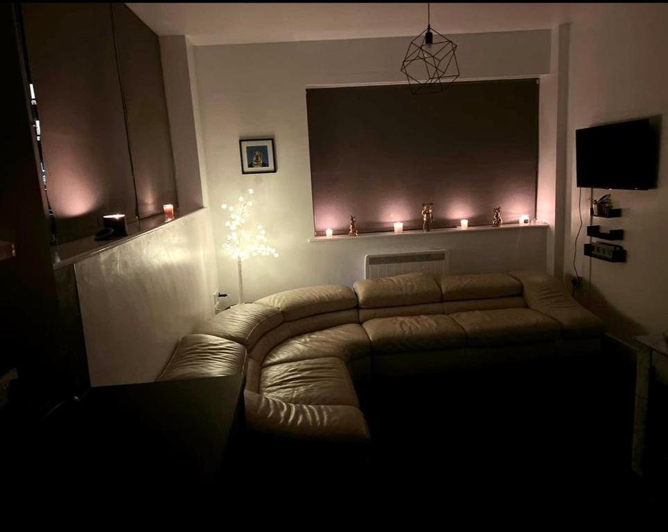 a living room with a couch and a large screen at Heart of Sheffield in Sheffield