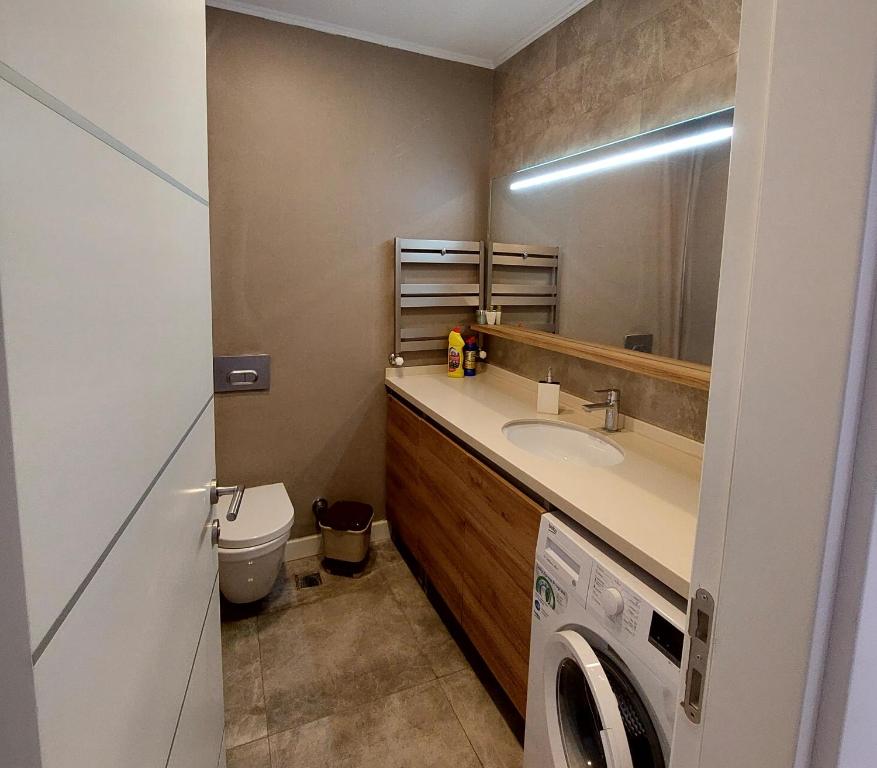 y baño con lavabo y lavadora. en Elite Apartment in Bishkek Park Residence, en Bishkek