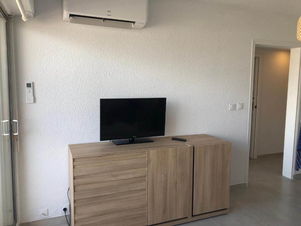 TV a/nebo společenská místnost v ubytování F2 Carnon Les pieds dans l'eau parking WiFi clim