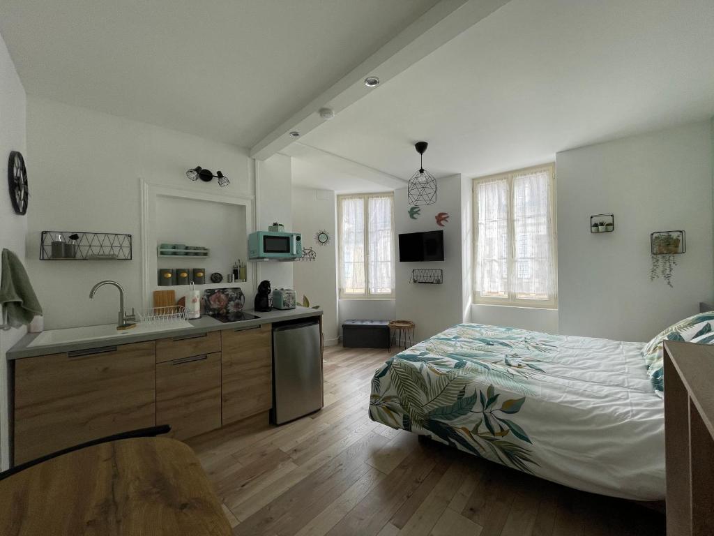 1 dormitorio con 1 cama y lavamanos y cocina en Studio de la Poterie, en Vermenton