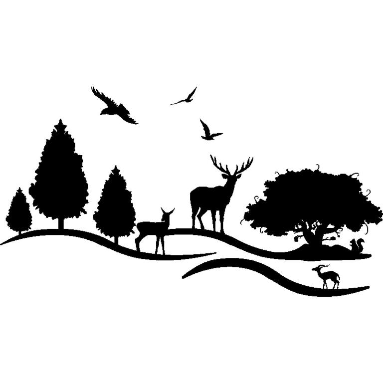 une illustration en noir et blanc d'une forêt avec des animaux et des arbres dans l'établissement Aux petits bois, à Morbecque