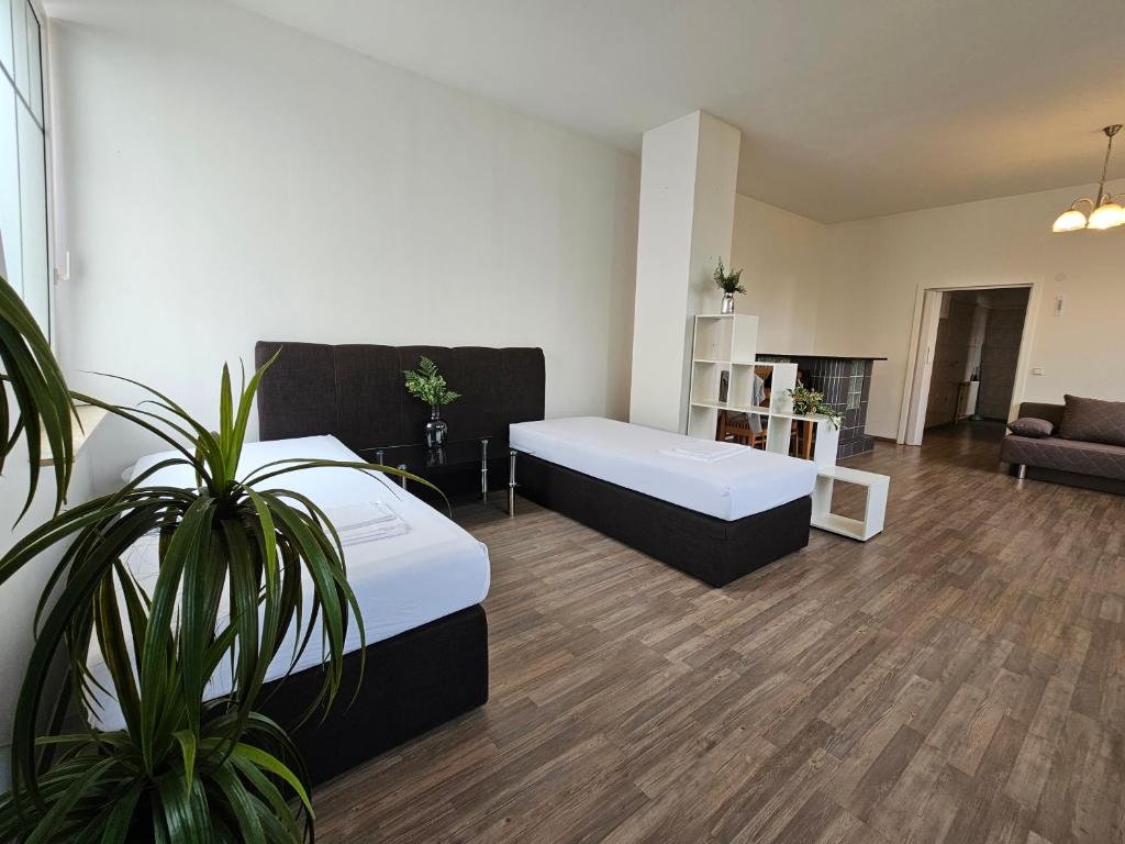 uma sala de estar com duas camas e um sofá em AMS The Gray em Spaichingen