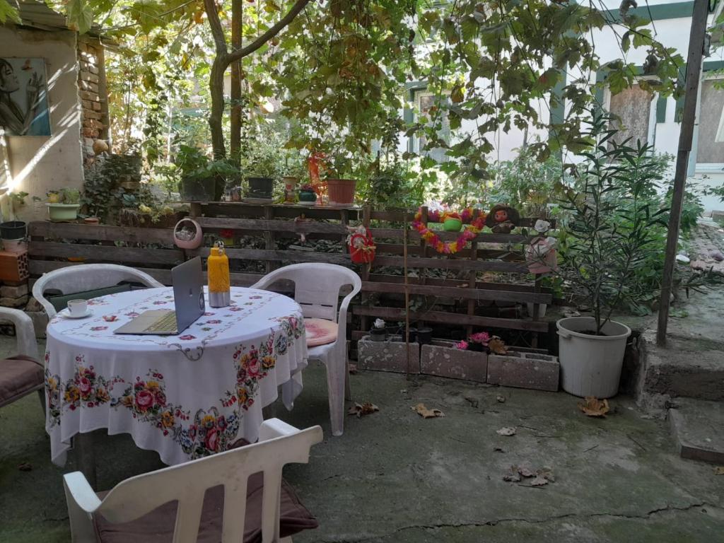 einen Tisch und Stühle in einem Garten mit einem Tisch und Bäumen in der Unterkunft Stay with Adem in Skopje