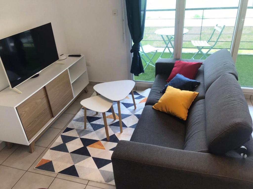 a living room with a couch and a tv at ZenBNB - ISIS - Piscine - Balcon - 4 Pers in Nangy