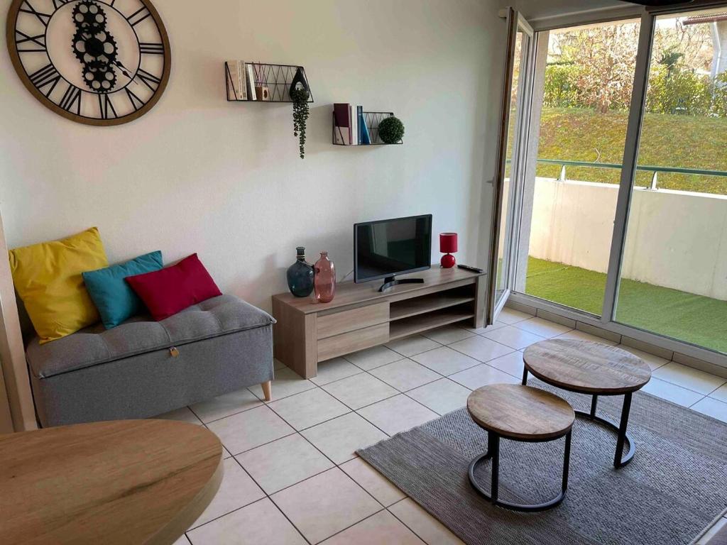 ein Wohnzimmer mit einem Sofa und einem TV in der Unterkunft ZenBNB / Léman / Garage /Balcon/ Piscine in Annemasse