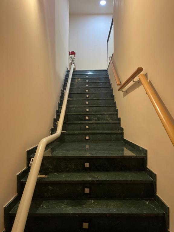 - un escalier dans un bâtiment avec des marches vertes dans l'établissement Hostal Restaurant El Poligono, à Valence