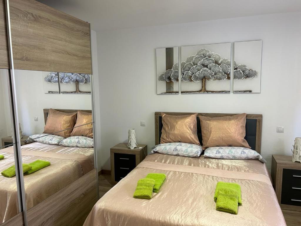 a bedroom with two beds with green towels on them at Casita bonita in Las Palmas de Gran Canaria