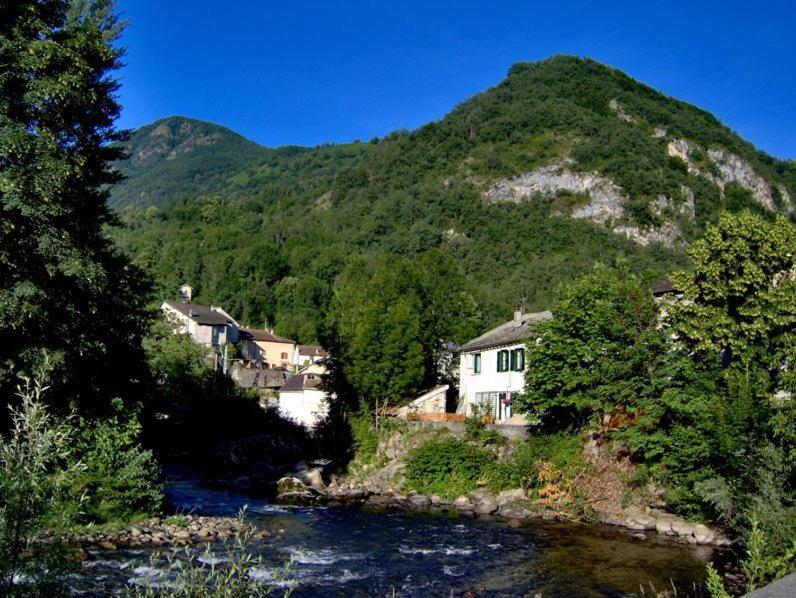 une rivière avec des maisons sur le flanc d'une montagne dans l'établissement Gîte du Grand Taïchou, à Luzenac