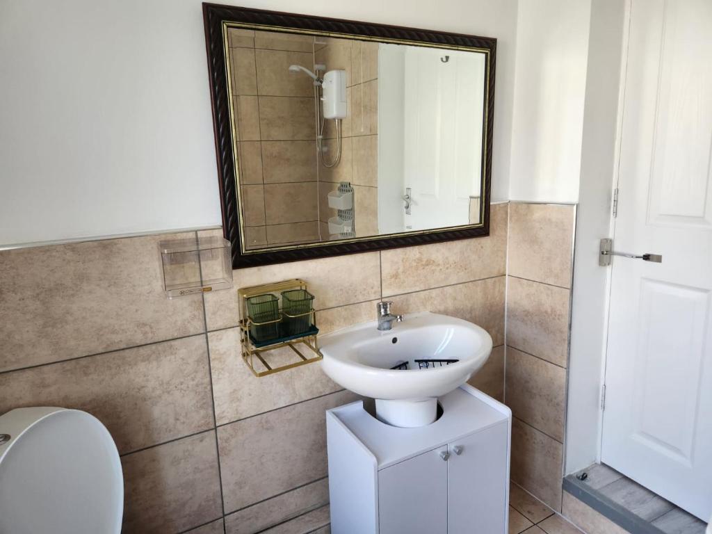 bagno con lavandino, servizi igienici e specchio di Studio in Greenhithe a Greenhithe