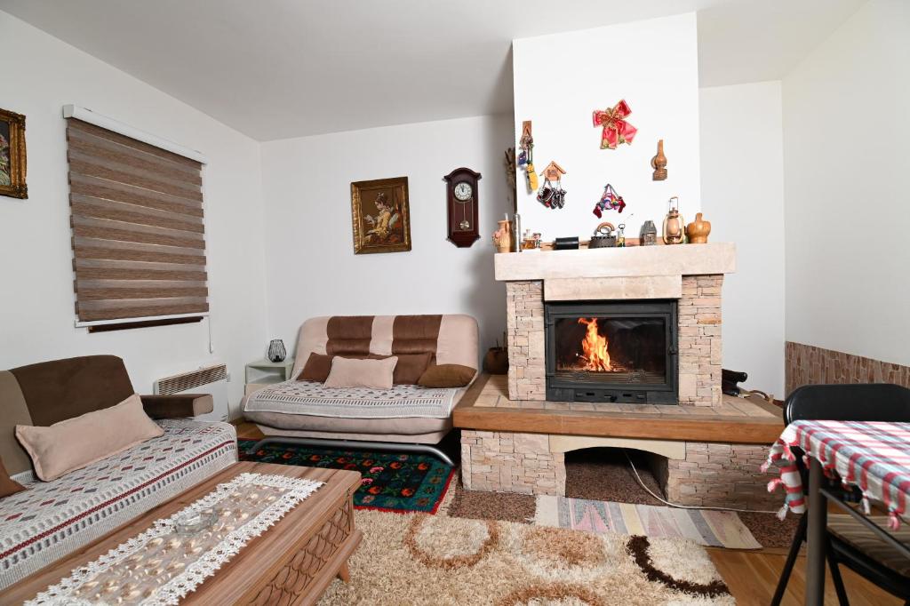 a living room with a fireplace and a couch at Apartment Tom in Jahorina