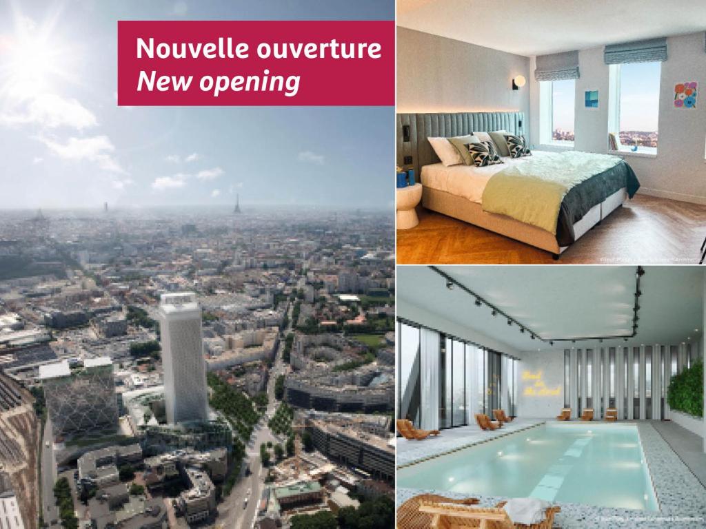 a collage of photos of a hotel room and a city at H4 Hotel Wyndham Paris Pleyel Resort in Saint-Denis