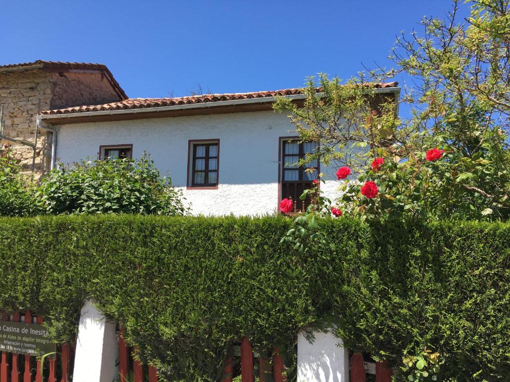 a house behind a hedge with red roses at La Casina de Inesita in Cadavedo