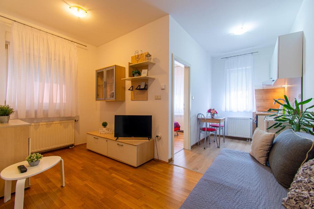 uma sala de estar com um sofá, uma televisão e uma mesa em Flexible SelfCheckIns 57 - Zagreb - Parking - New em Zagreb