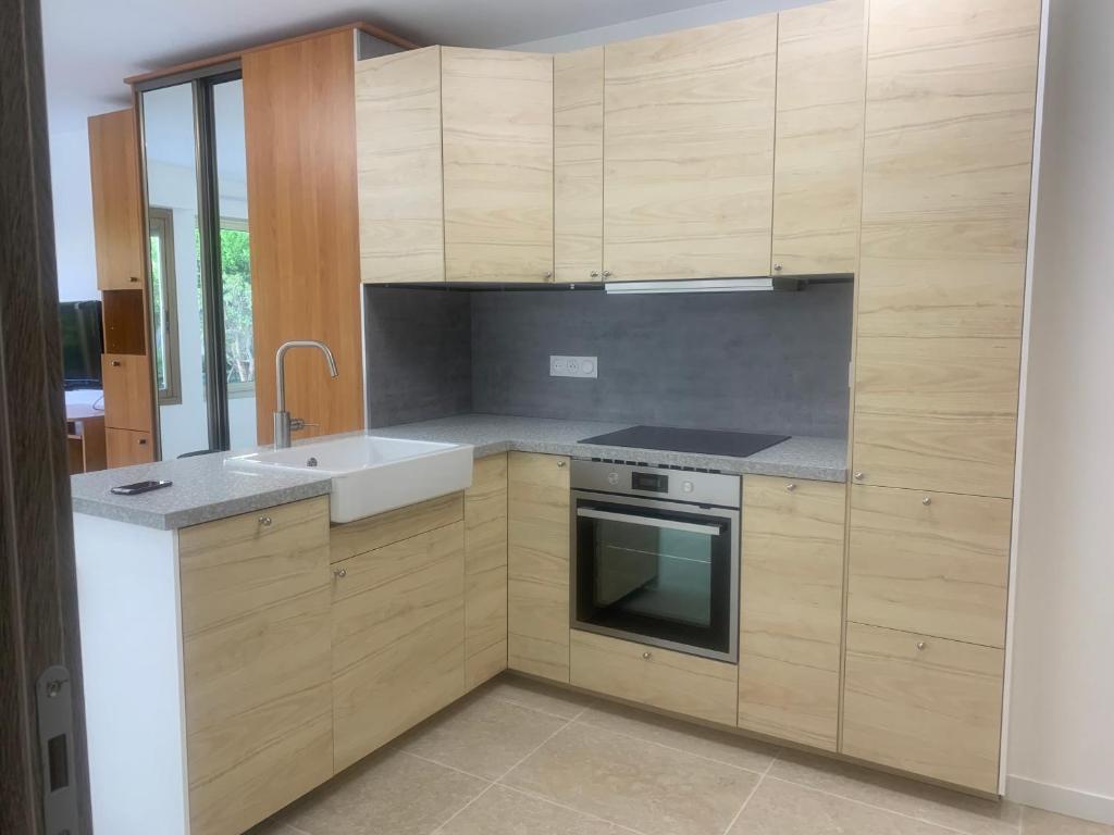 une cuisine avec des armoires en bois, un évier et une cuisinière dans l'établissement STUDIO VIEIL ANTIBES, à Antibes