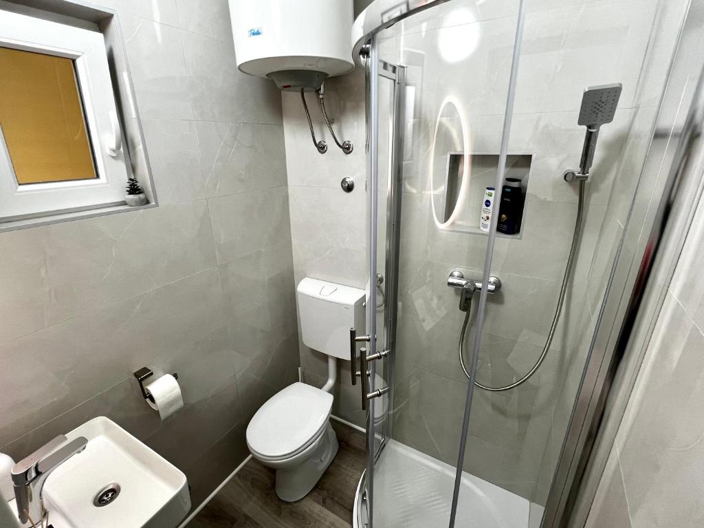 a bathroom with a shower with a toilet and a sink at Apartman Dino in Fažana
