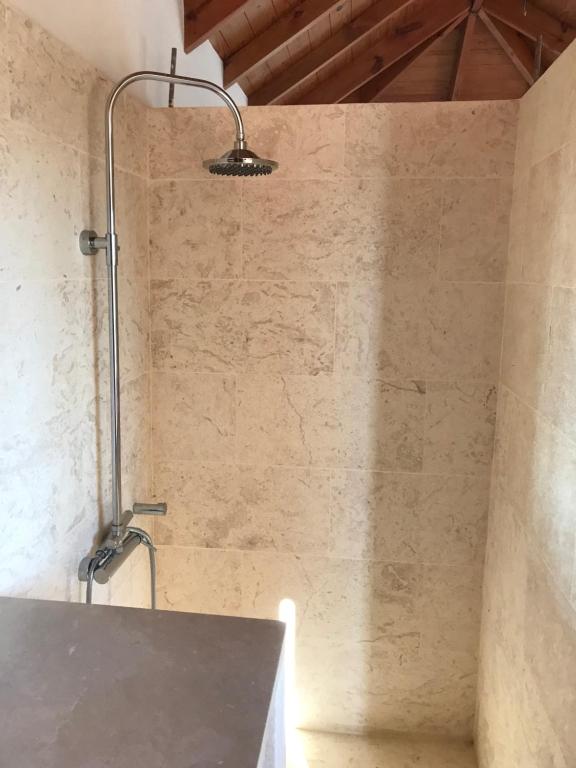 a shower in a bathroom with a stone wall at La Capilla tropical in Puerto de Luperon