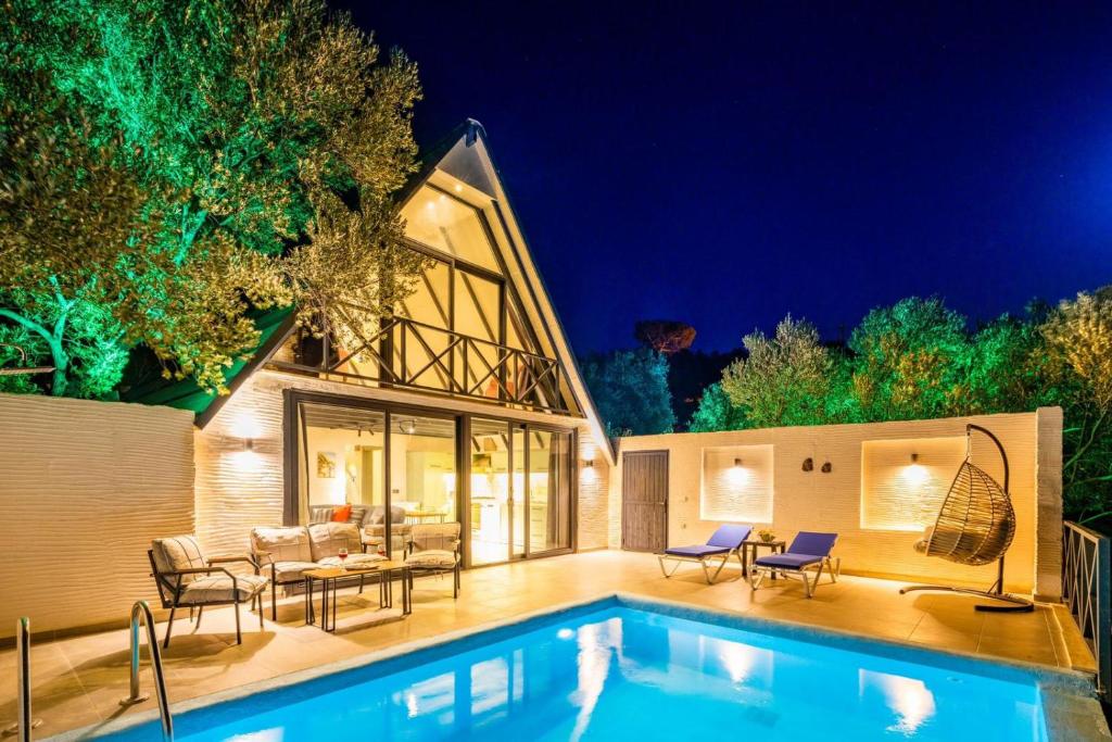 a house with a swimming pool at night at villa calippo in Antalya