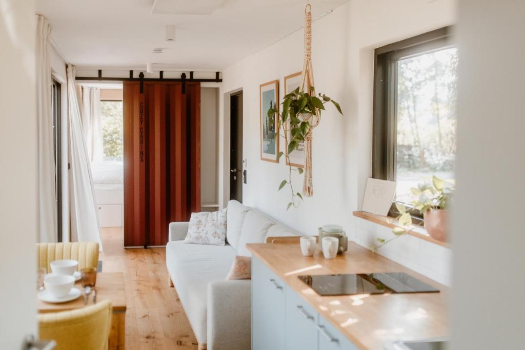 een woonkamer met een witte bank en een tafel bij Cozy Cabins I Tiny House Seecontainer in Hahnenklee-Bockswiese