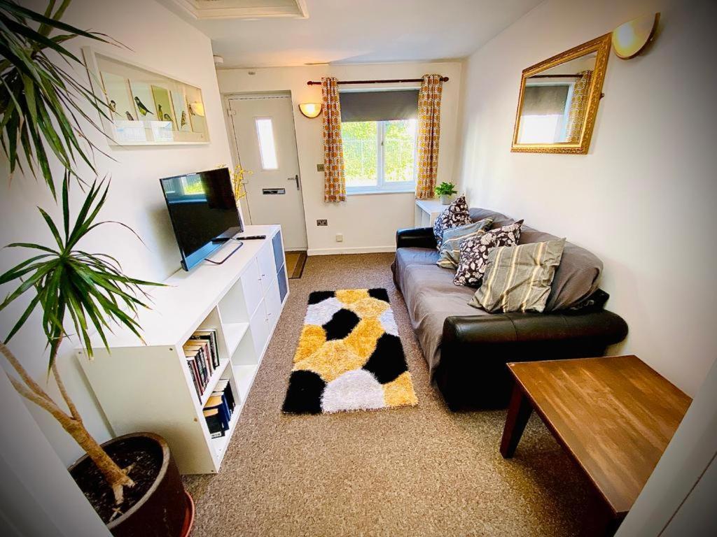 een woonkamer met een bank en een televisie bij Unique Bungalow Grangetown in Cardiff