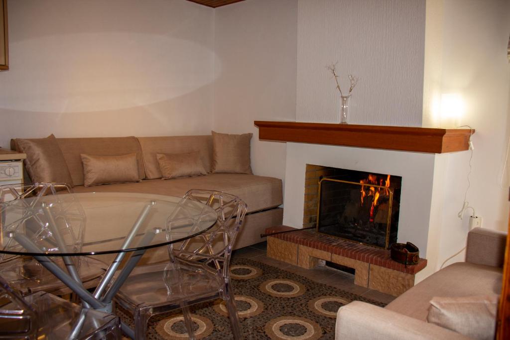 a living room with a couch and a fireplace at Private House, Miriki Village in Miríki