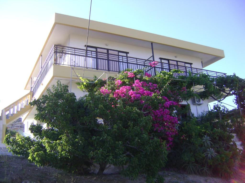 ケファロスにあるPanormitis Studiosのピンクの花が咲くバルコニー付きの建物