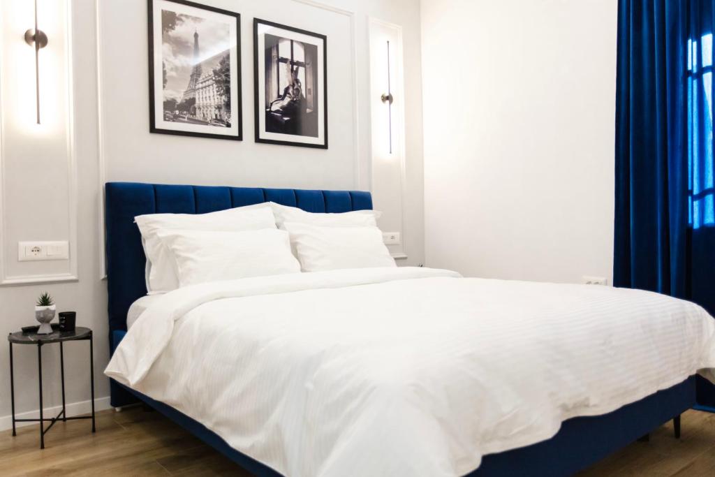 1 dormitorio azul y blanco con 1 cama grande en Luxurious Suite near New Bazaar, en Tirana