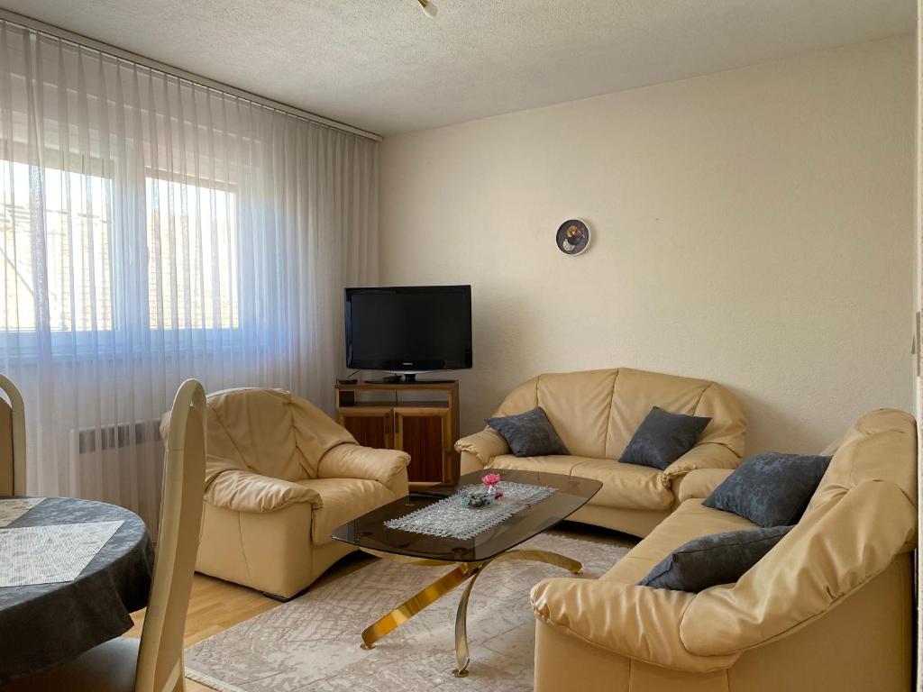 Apartman MARIJA في Bosanski Šamac: غرفة معيشة مع كنبتين وتلفزيون