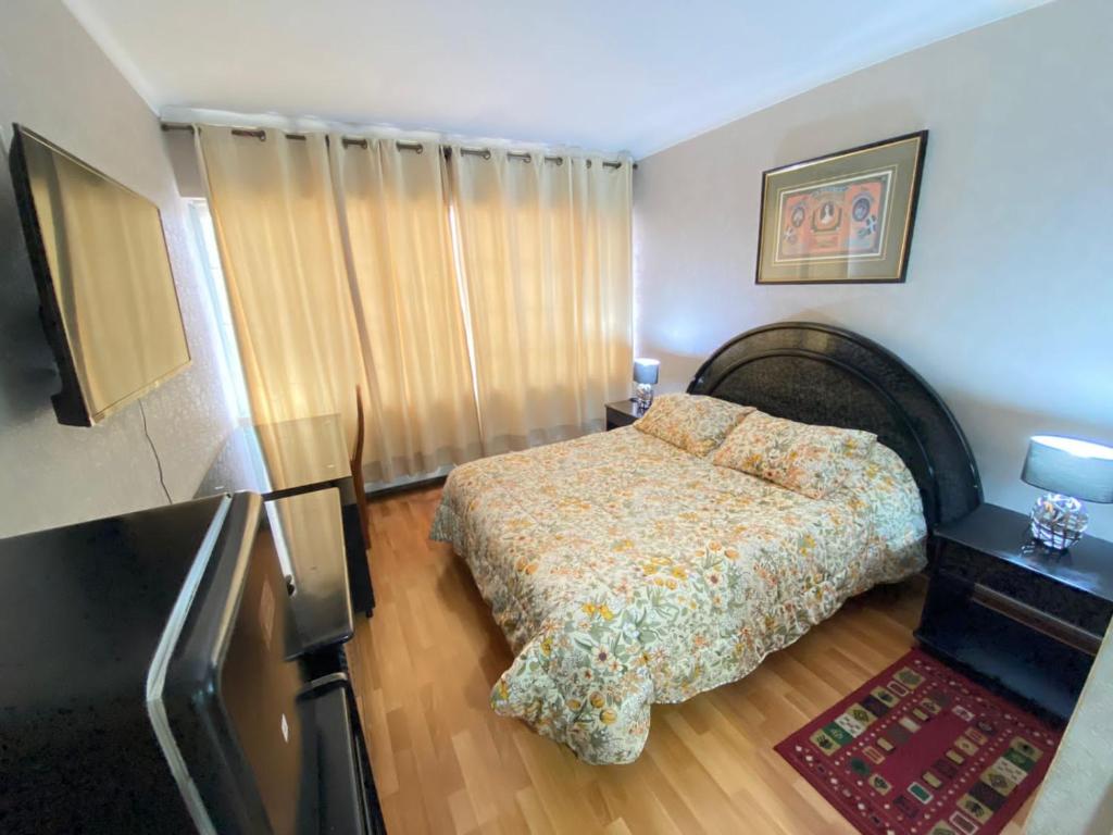 a small bedroom with a bed and a television at NEW HOTEL CRUZ DEL SUR in Concepción