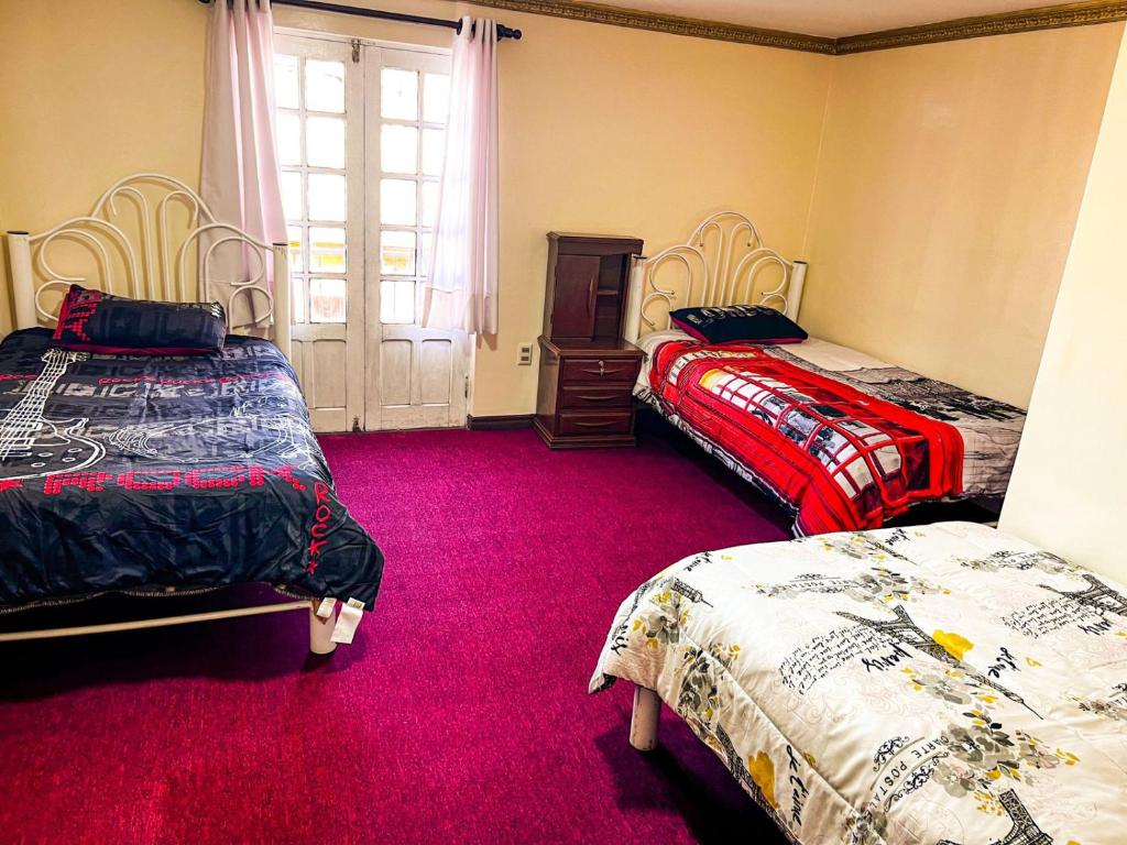 a bedroom with two beds and a red carpet at HOSTAL SAN MARCOS POTOSÍ in Potosí