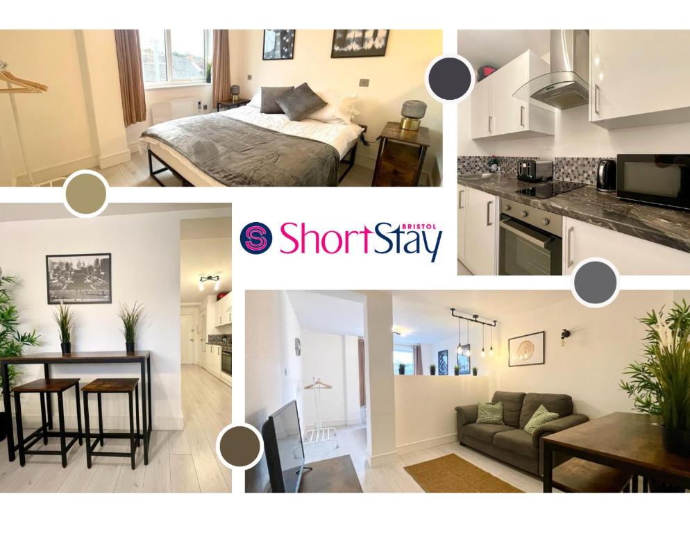 a collage of photos of a bedroom and a living room at April Disc - Long Stay - Contractors in Swindon