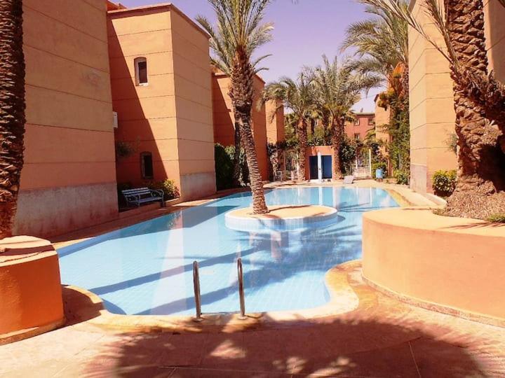 马拉喀什Riad Lounge à Marrakech的一个有棕榈树和建筑的大型游泳池