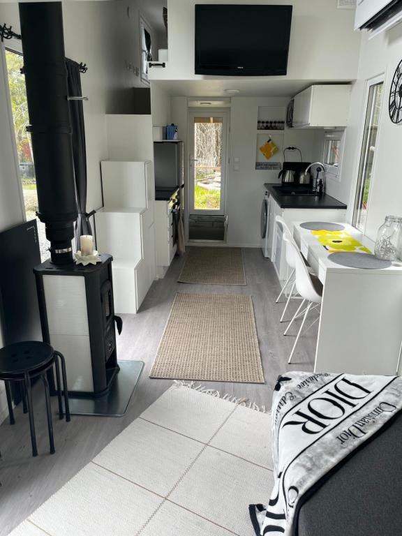 cocina con fogones y encimera en Luxus Tiny House Saagala, en Tornio