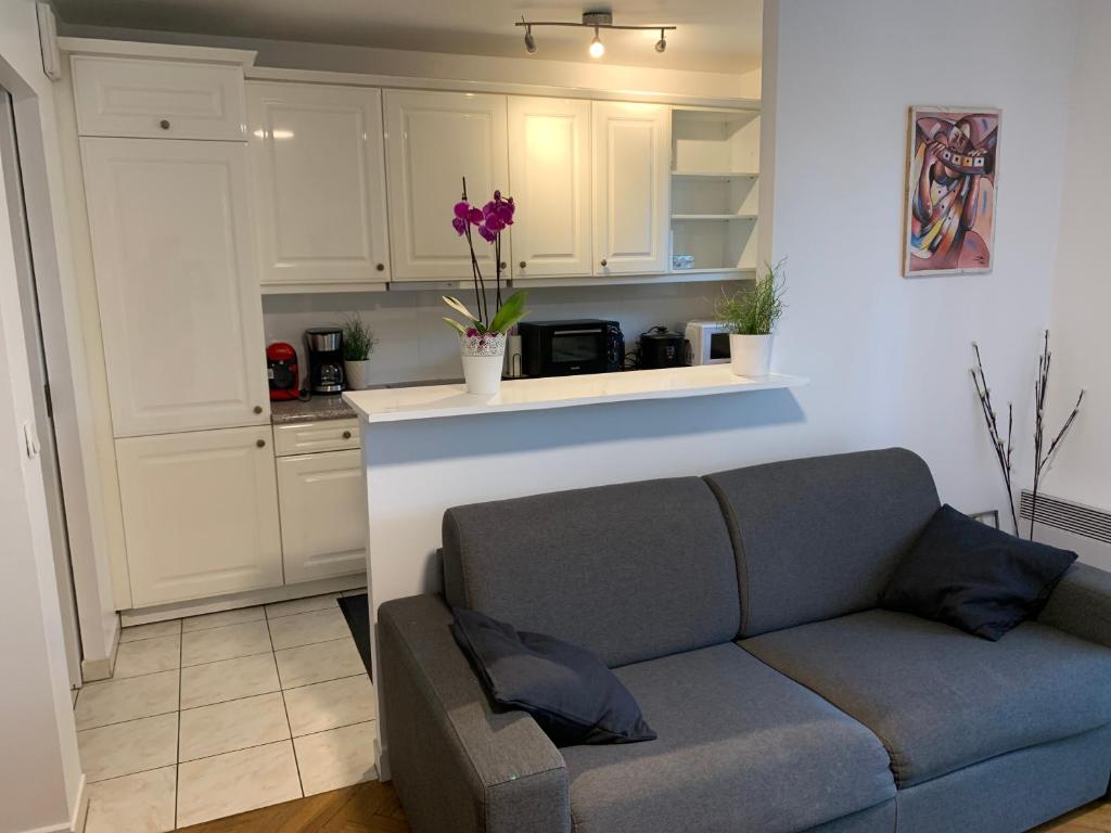 a living room with a couch and a kitchen at Lieu de ressourcement à Robinson in Le Plessis-Robinson