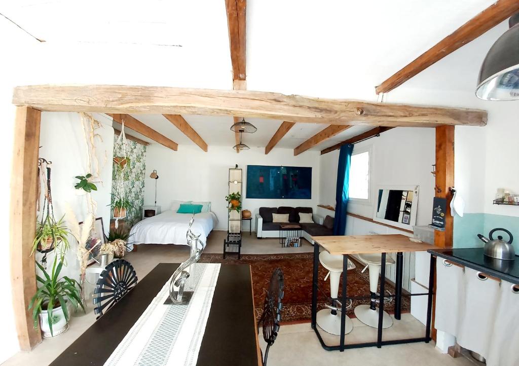 eine Küche und ein Wohnzimmer mit einem Bett in einem Zimmer in der Unterkunft Les Jasmins in Roquebrune-sur-Argens