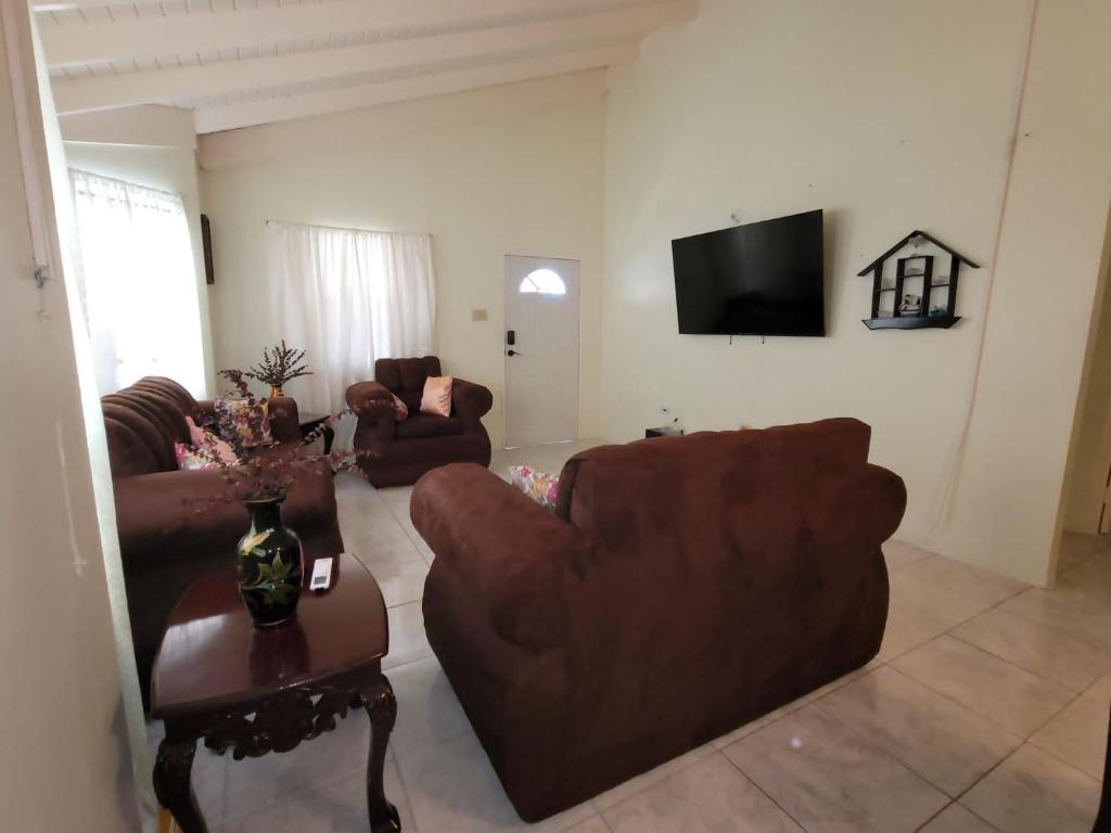 a living room with two couches and a flat screen tv at Tropical Blessings - Ocho Rios in St Mary