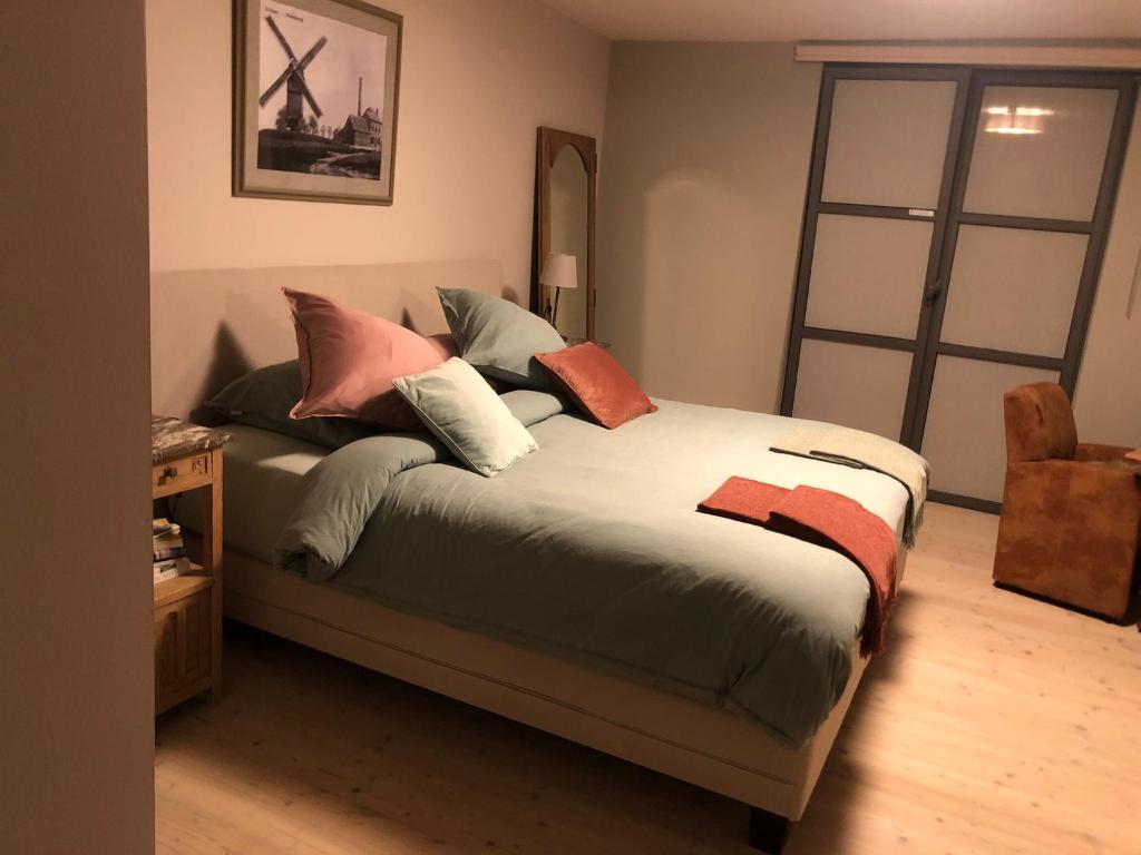 Un dormitorio con una cama con almohadas de colores. en NeNe en Dilbeek