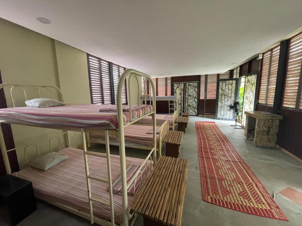 プノンペンにあるBlue Indigo yoga Cambodiaの二段ベッド2台とラグが備わる客室です。