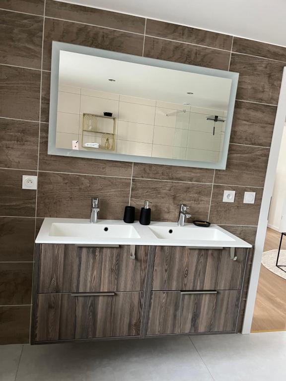 a bathroom with a sink and a mirror at chambres d'hotes chez Linda Stéphane le passé composé 